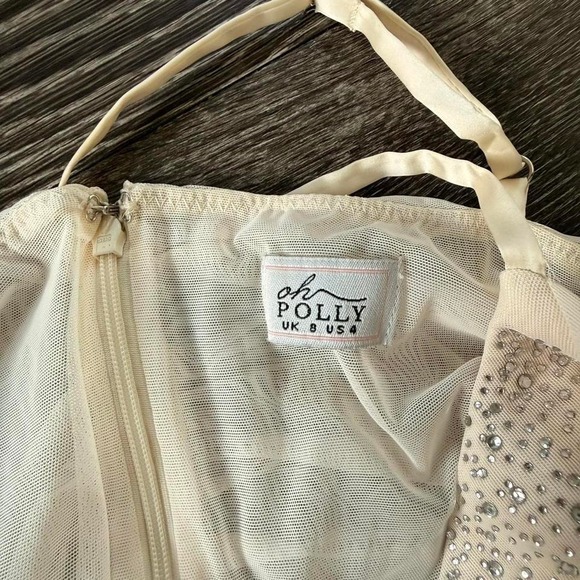 Oh Polly Cream Ruched Rhinestone Mini Dress - Picture 7 of 8